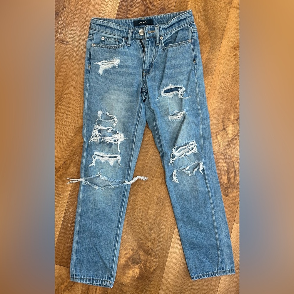 Aero Women's Distressed Boyfriend Jeans - Blue